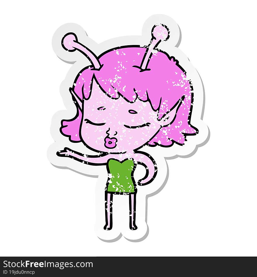 distressed sticker of a cute alien girl cartoon