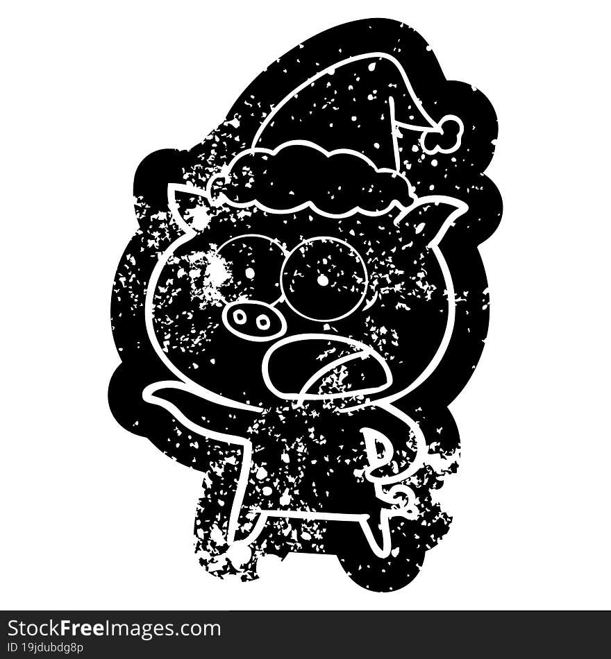 Cartoon Distressed Icon Of A Pig Shouting Wearing Santa Hat