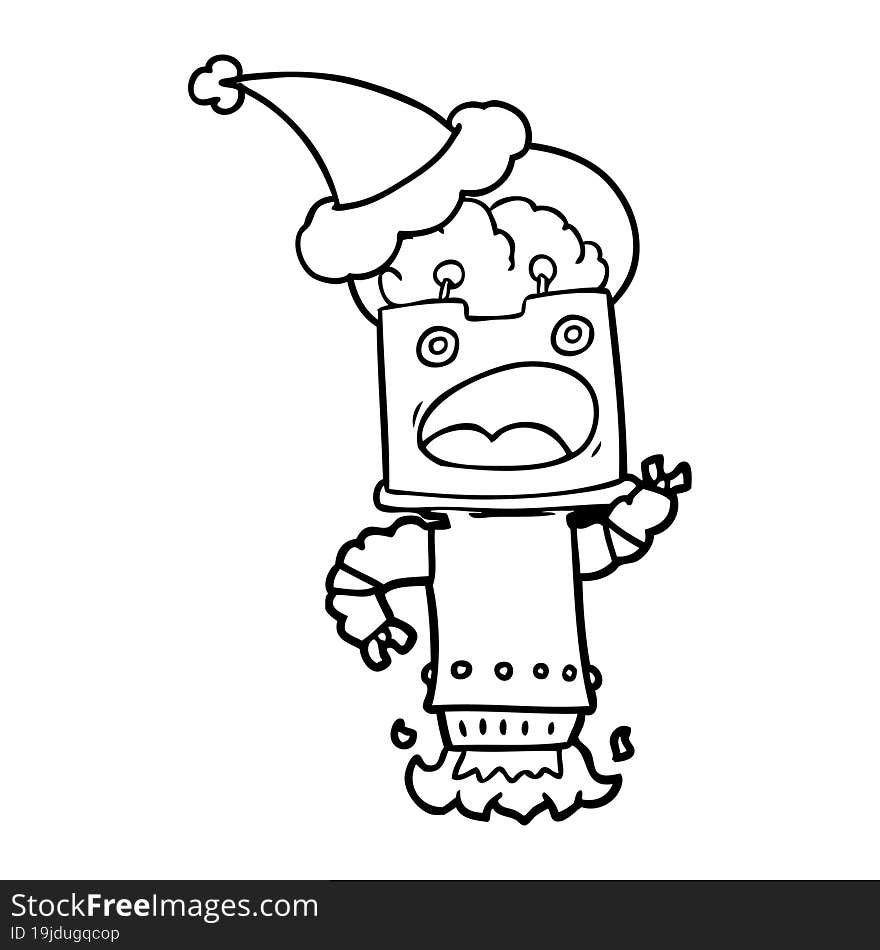 line drawing of a robot wearing santa hat