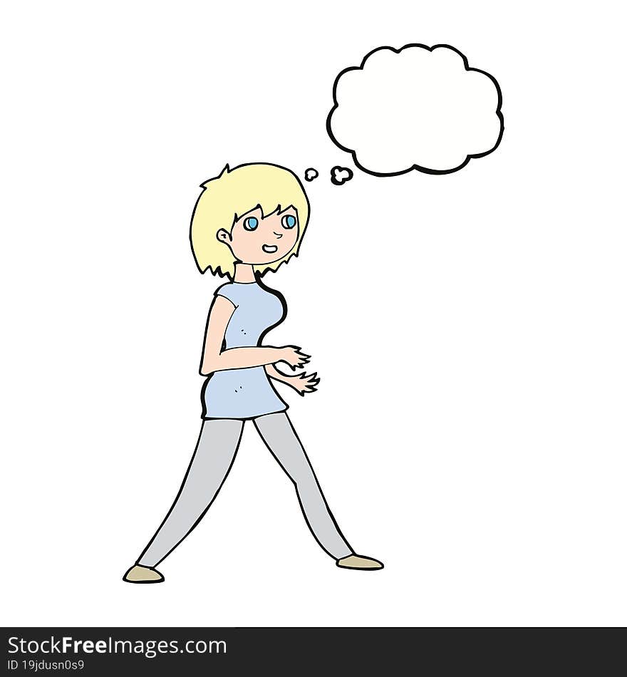 cartoon woman walking with thought bubble