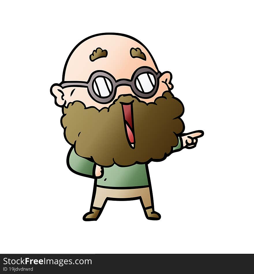 cartoon joyful man with beard pointing finger. cartoon joyful man with beard pointing finger