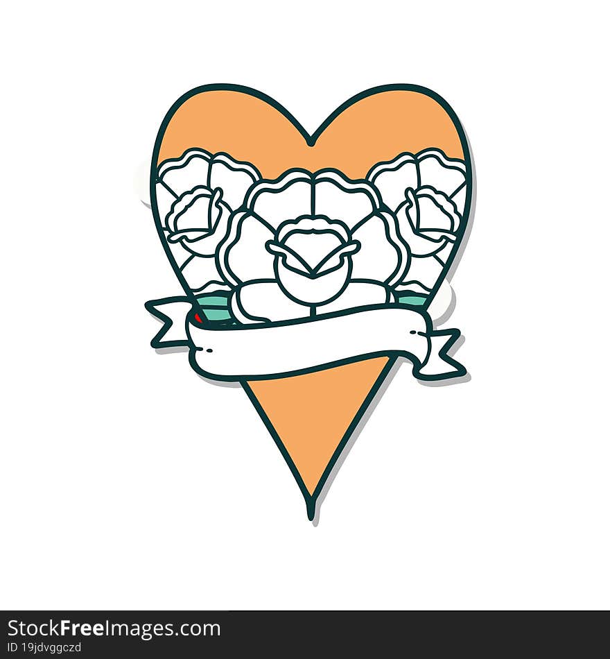 Tattoo Style Sticker Of A Heart And Banner With Flowers