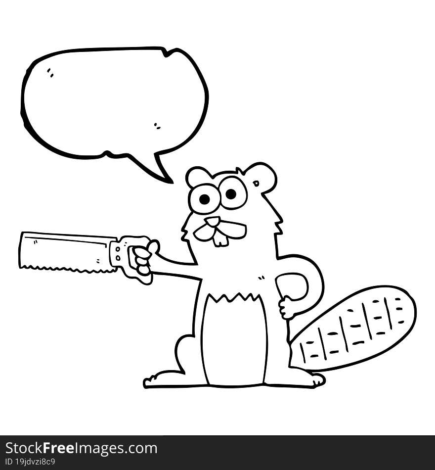 freehand drawn speech bubble cartoon beaver with saw