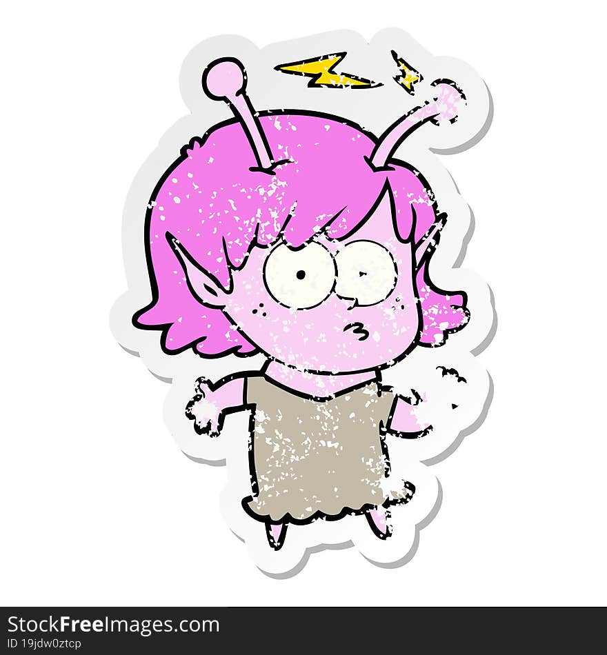 distressed sticker of a cartoon alien girl