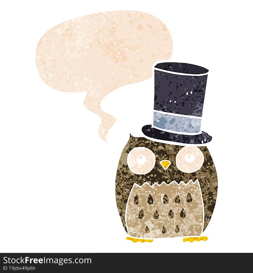 cartoon owl wearing top hat and speech bubble in retro textured style