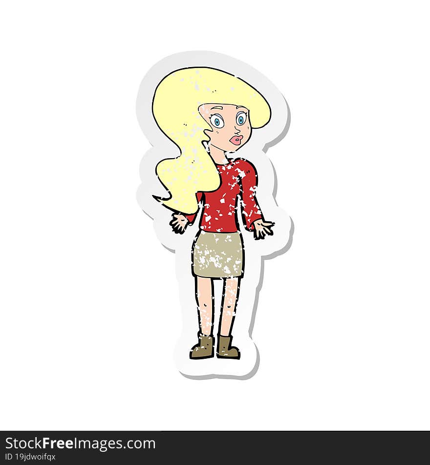 retro distressed sticker of a cartoon woman shrugging shoulders