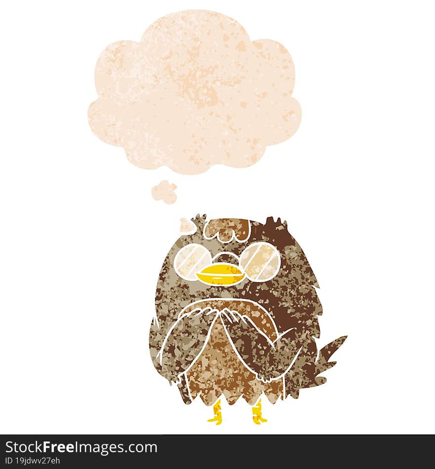 Cartoon Wise Old Owl And Thought Bubble In Retro Textured Style