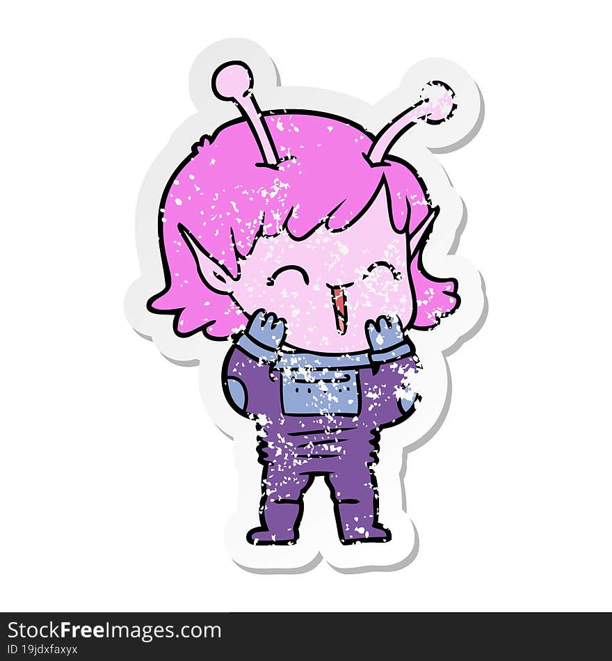 distressed sticker of a cartoon alien girl giggling