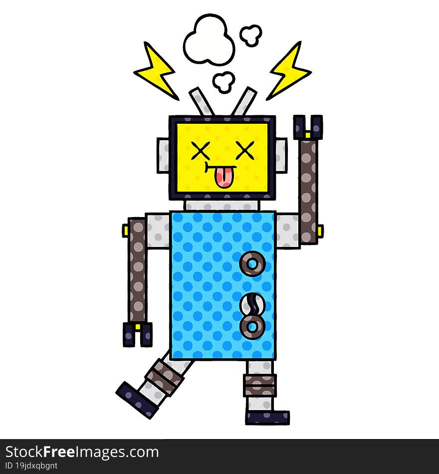 comic book style cartoon of a robot malfunction