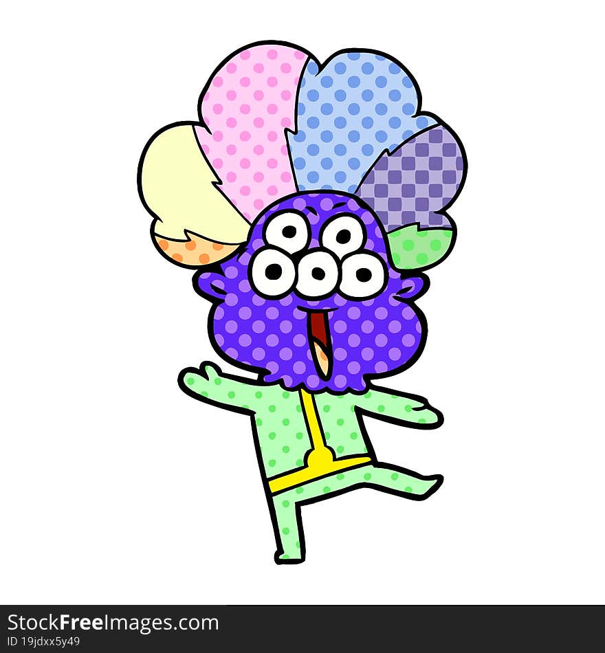 happy cartoon alien dancing in clown wig. happy cartoon alien dancing in clown wig