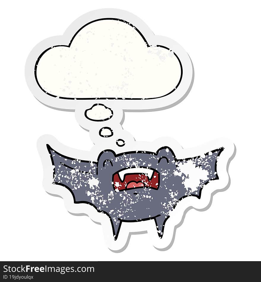 cartoon vampire bat and thought bubble as a distressed worn sticker