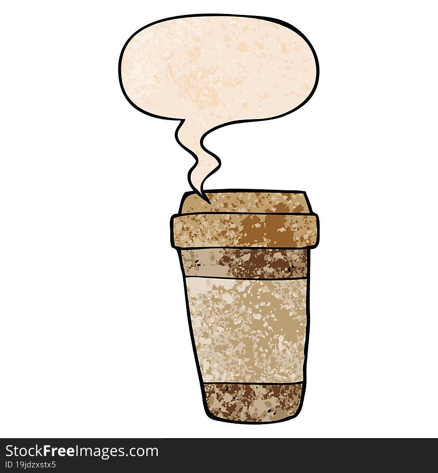 cartoon coffee cup with speech bubble in retro texture style