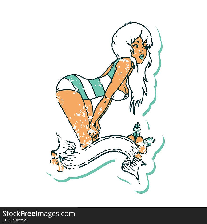 distressed sticker tattoo style icon  of a pinup girl in swimming costume with banner