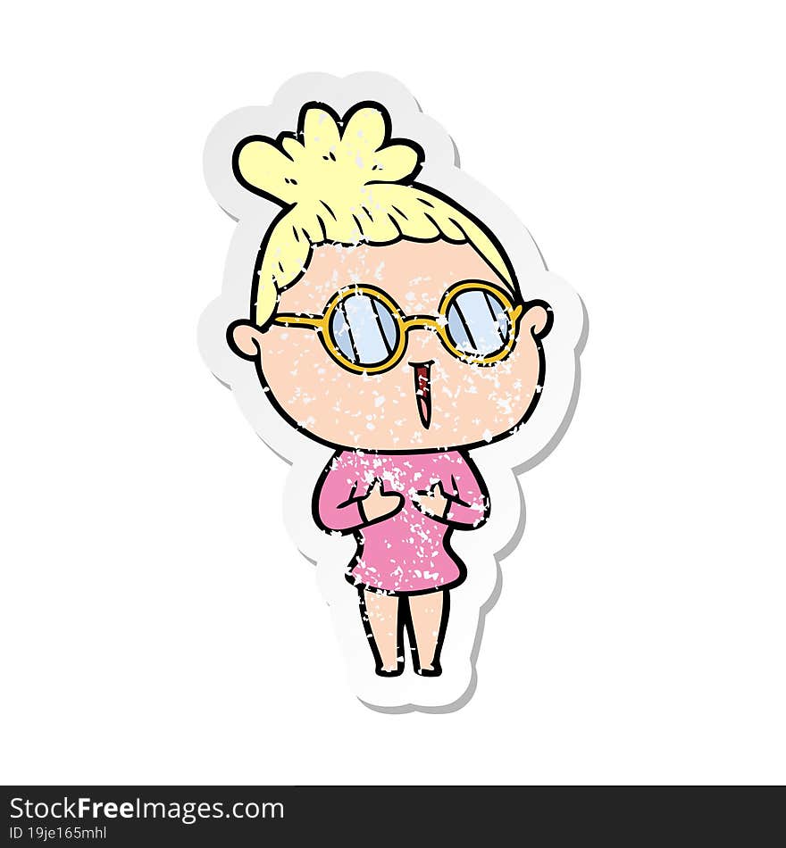 distressed sticker of a cartoon woman wearing spectacles