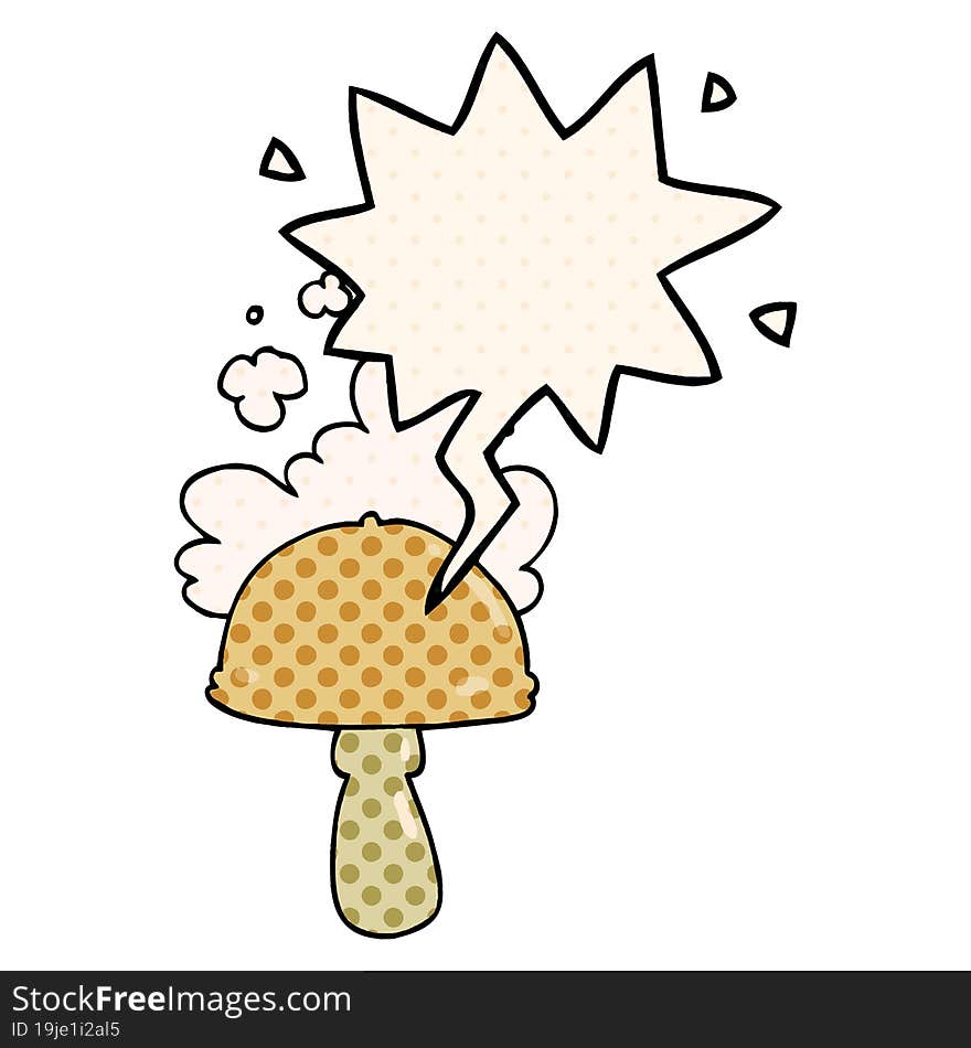 cartoon mushroom with spore cloud with speech bubble in comic book style. cartoon mushroom with spore cloud with speech bubble in comic book style