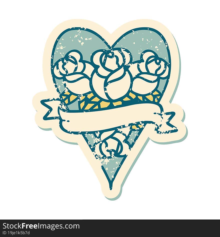 iconic distressed sticker tattoo style image of a heart and banner with flowers. iconic distressed sticker tattoo style image of a heart and banner with flowers