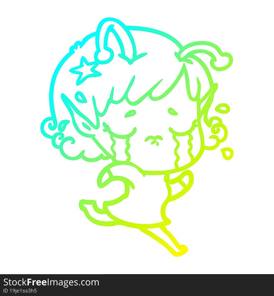 cold gradient line drawing of a cartoon crying alien girl