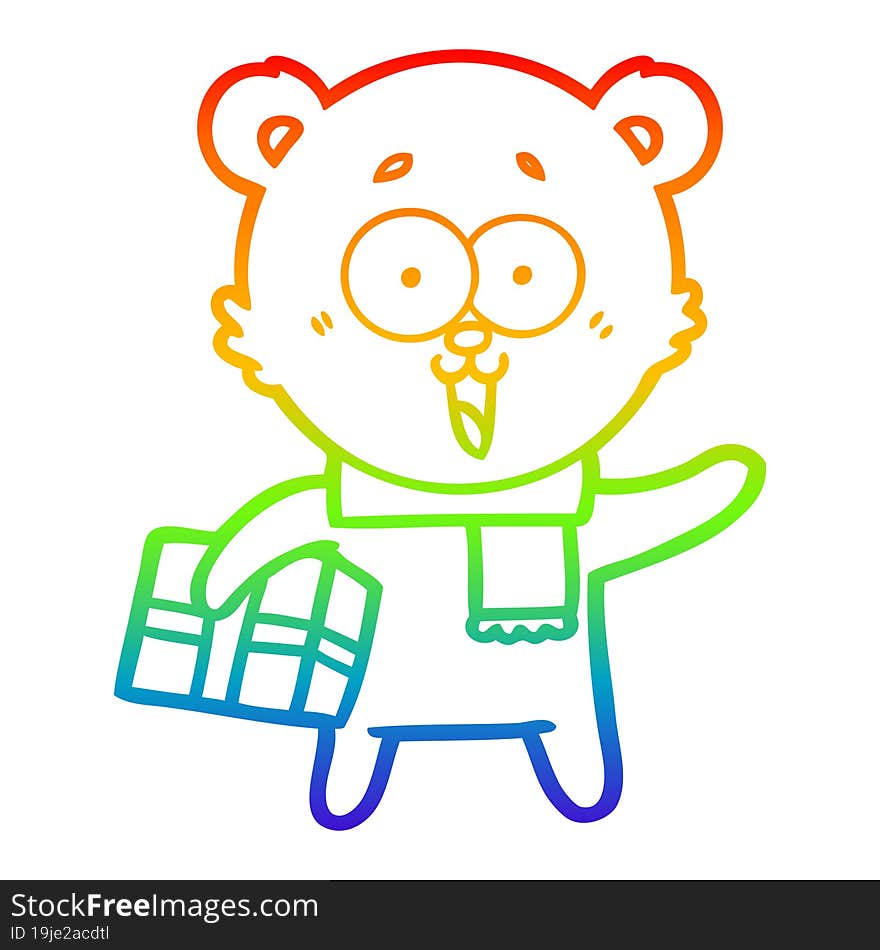 rainbow gradient line drawing of a laughing teddy  bear with christmas present