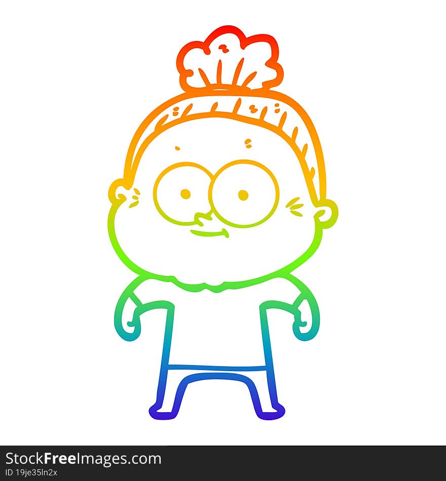 rainbow gradient line drawing of a cartoon happy old woman