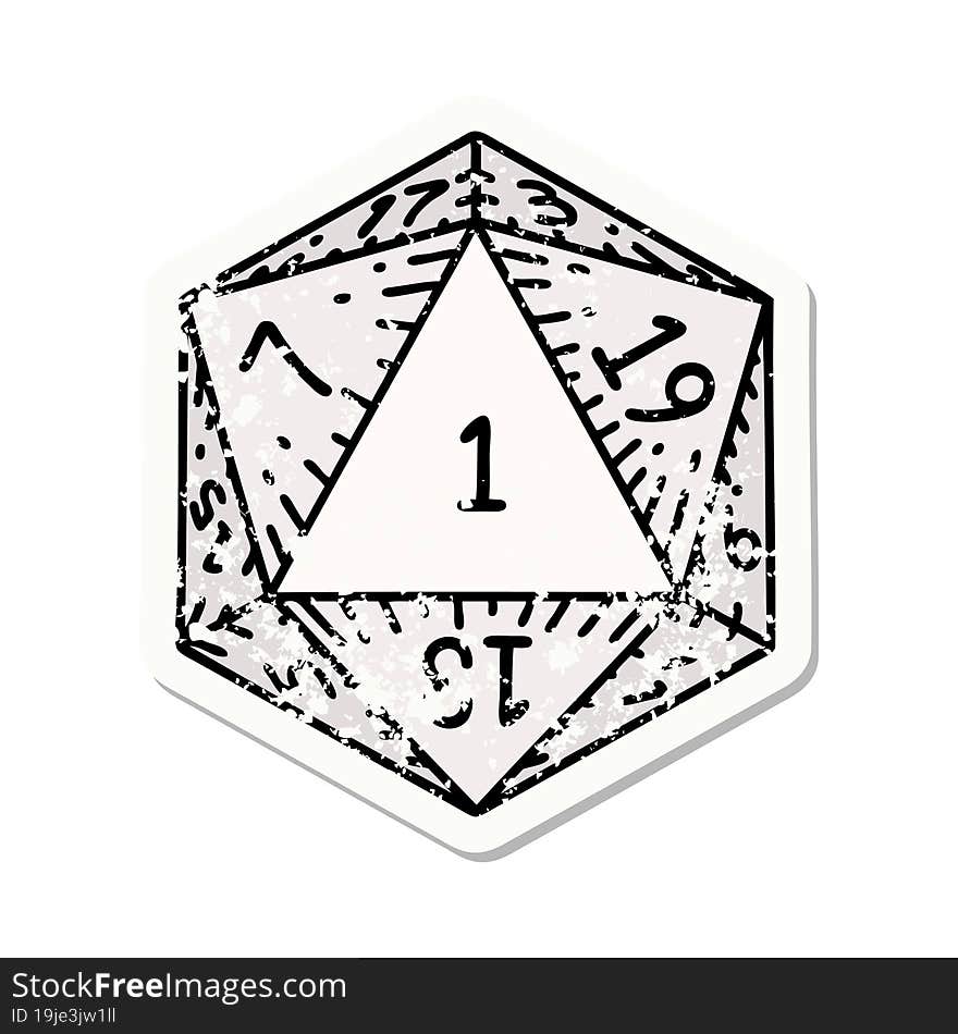 grunge sticker of a natural 1 D20 dice roll. grunge sticker of a natural 1 D20 dice roll