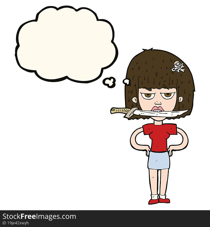 cartoon woman with knife between teeth with thought bubble