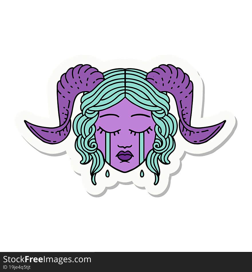 sticker of a crying tiefling character face. sticker of a crying tiefling character face