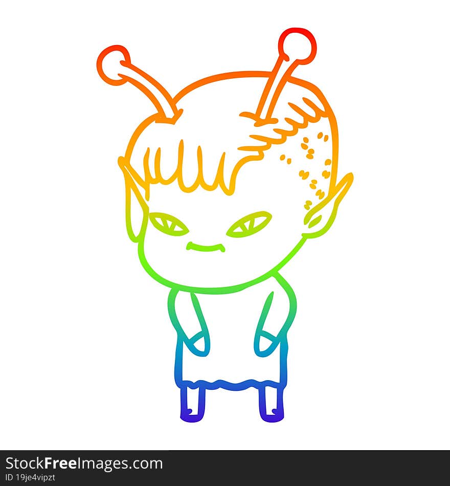 rainbow gradient line drawing of a cute cartoon alien girl