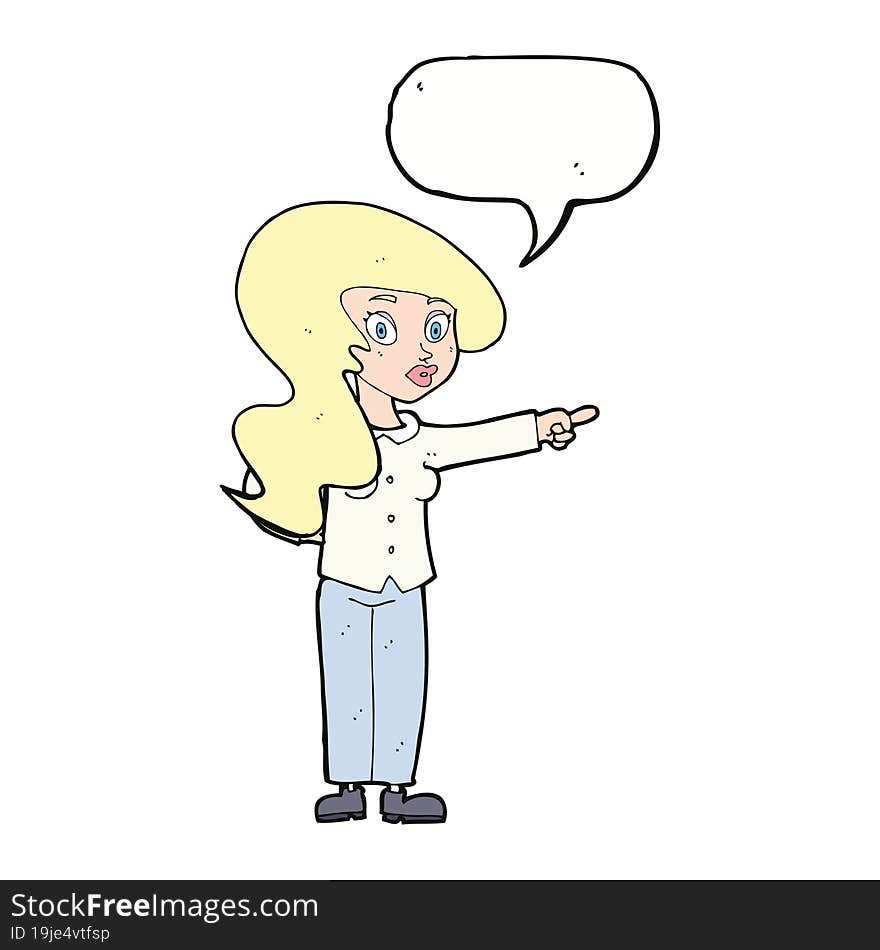 cartoon pretty woman pointing with speech bubble