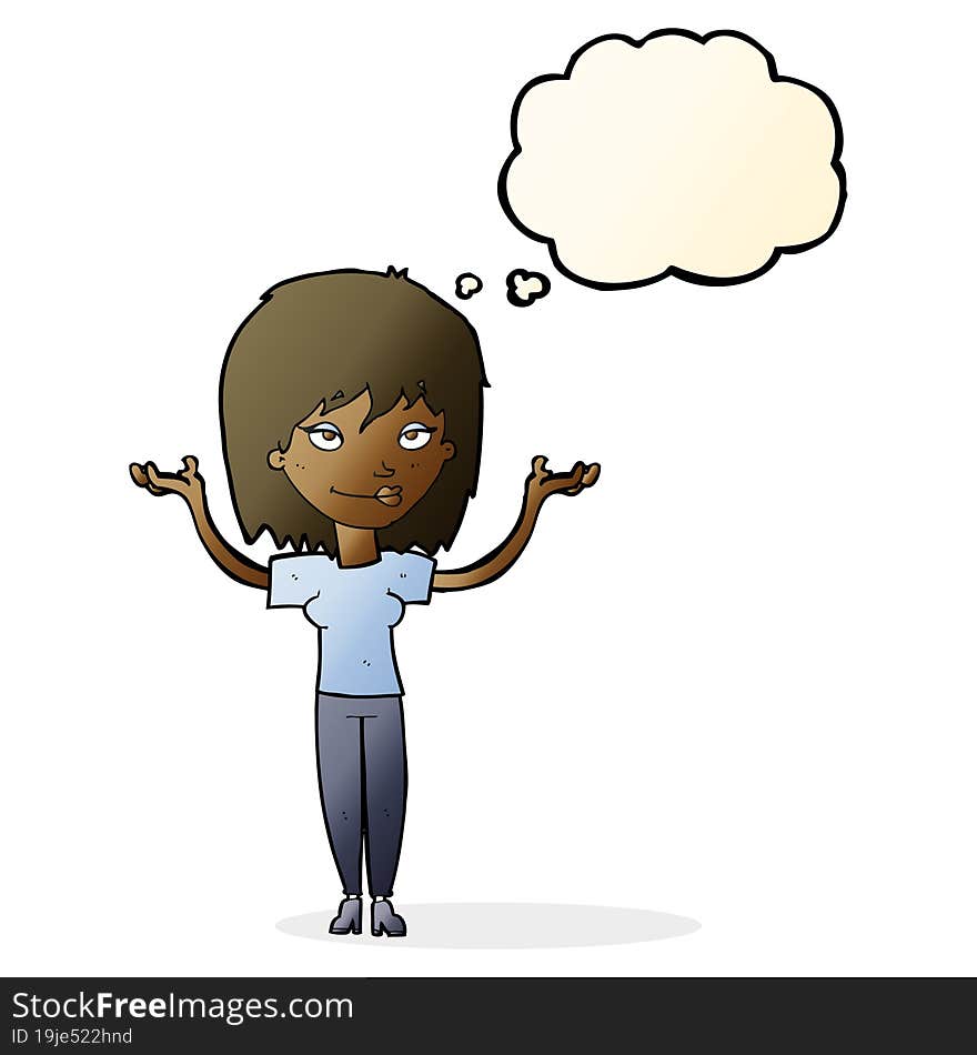 cartoon woman shrugging with thought bubble