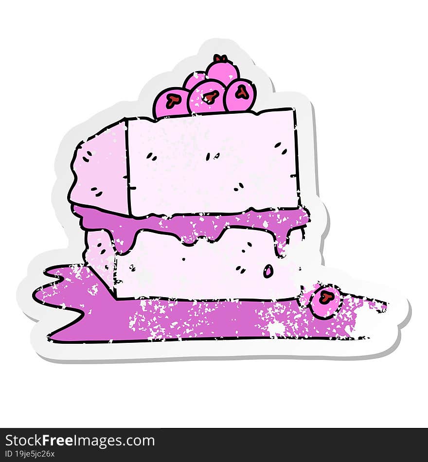 distressed sticker of a quirky hand drawn cartoon cake