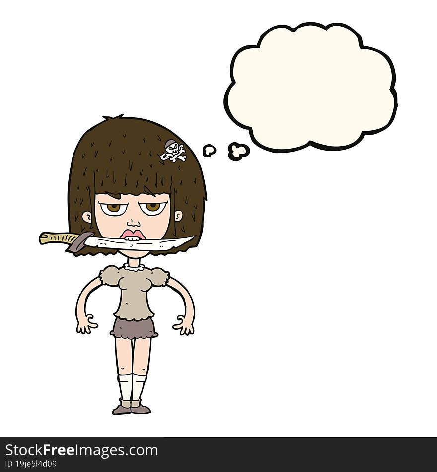 cartoon woman with knife between teeth with thought bubble