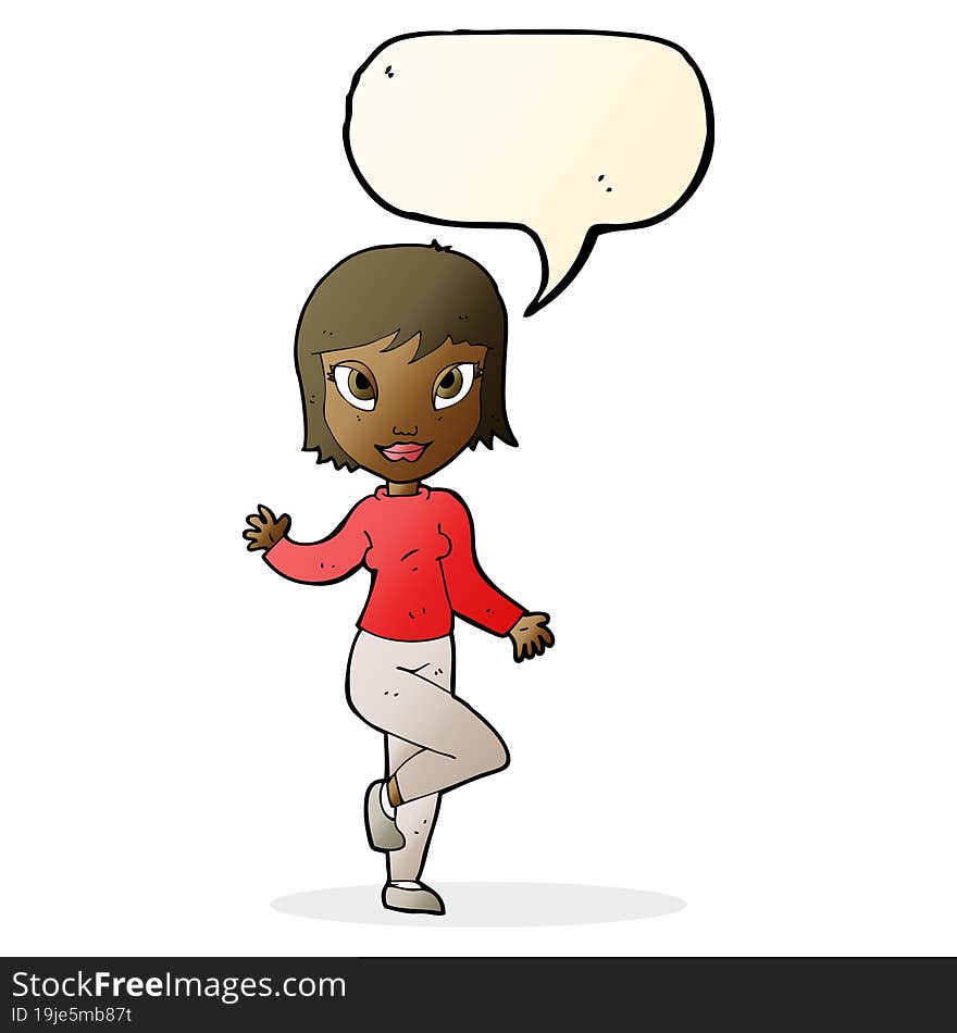 cartoon pretty woman waving with speech bubble