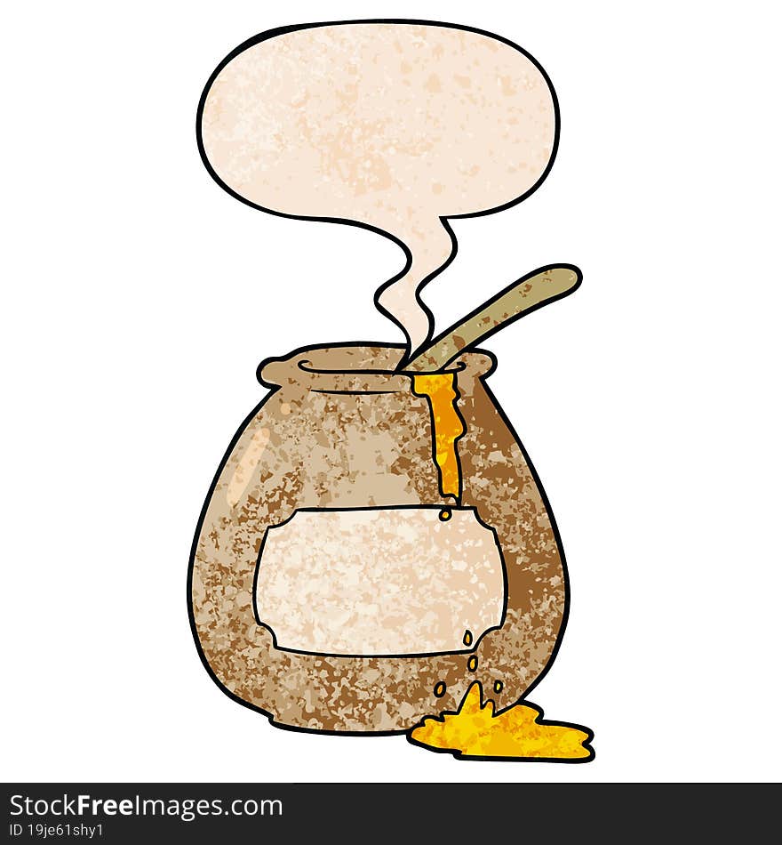 cartoon honey pot with speech bubble in retro texture style