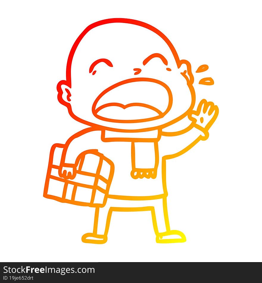 warm gradient line drawing cartoon shouting bald man with present