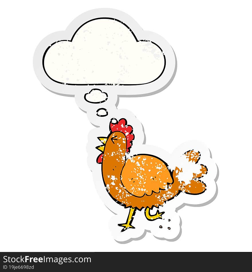 Cartoon Rooster And Thought Bubble As A Distressed Worn Sticker