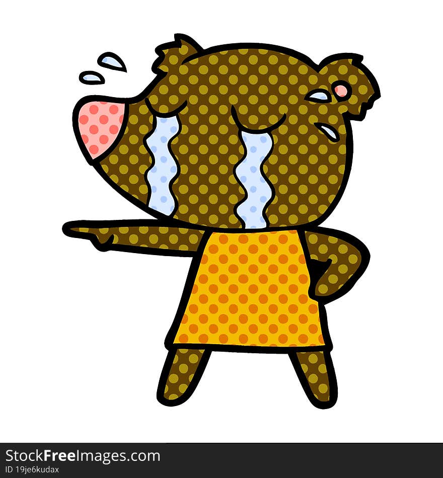 cartoon crying bear in dress pointing. cartoon crying bear in dress pointing