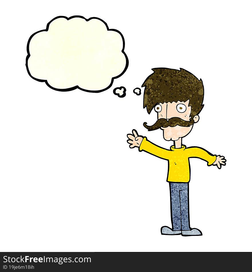 cartoon waving mustache man with thought bubble