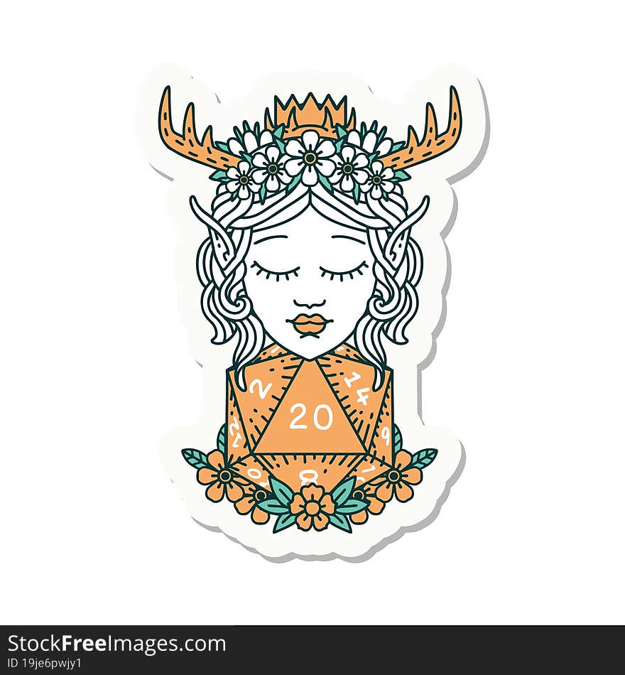 sticker of a elf druid character with nautral twenty dice roll. sticker of a elf druid character with nautral twenty dice roll