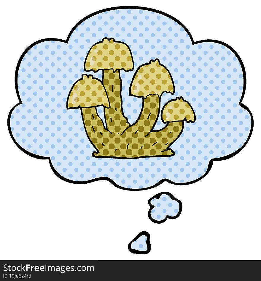 cartoon mushrooms with thought bubble in comic book style