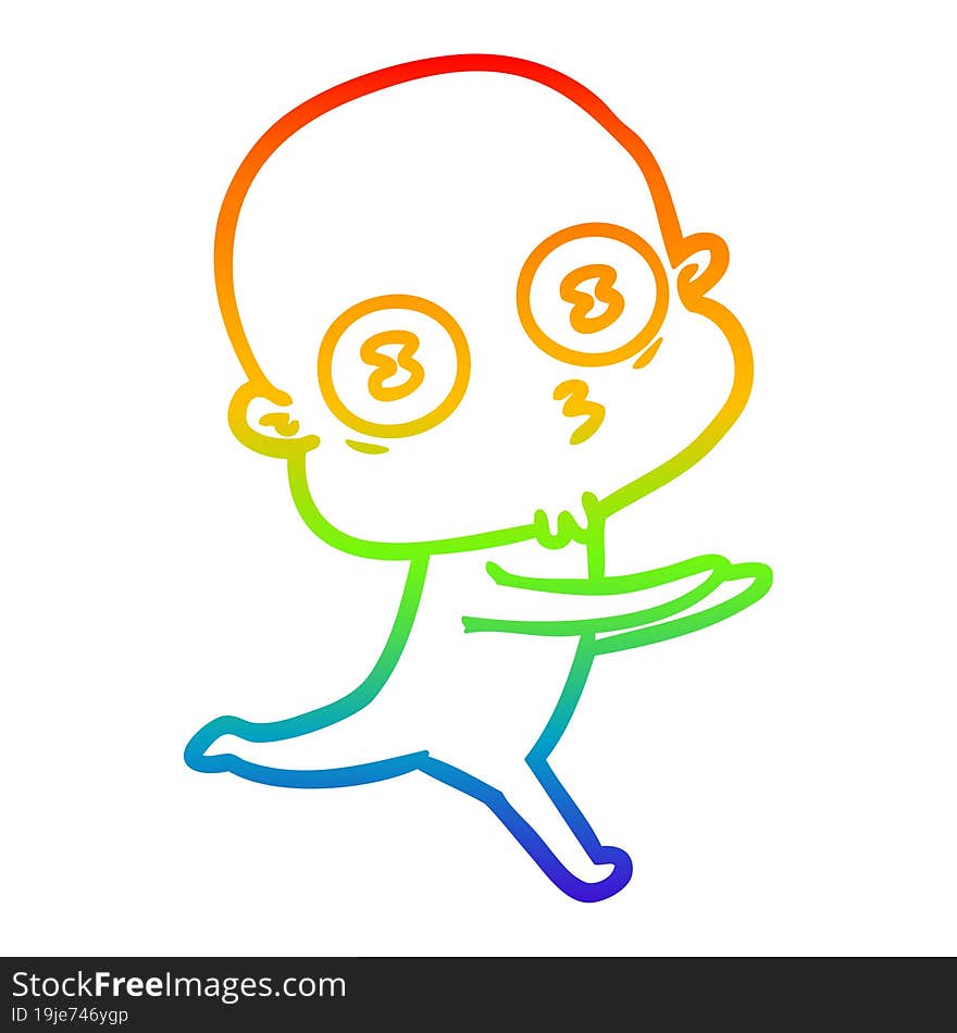 rainbow gradient line drawing of a cartoon weird bald spaceman running