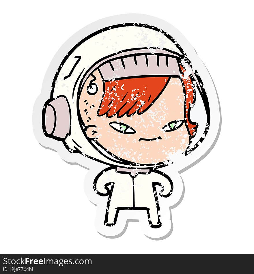 distressed sticker of a cartoon astronaut woman