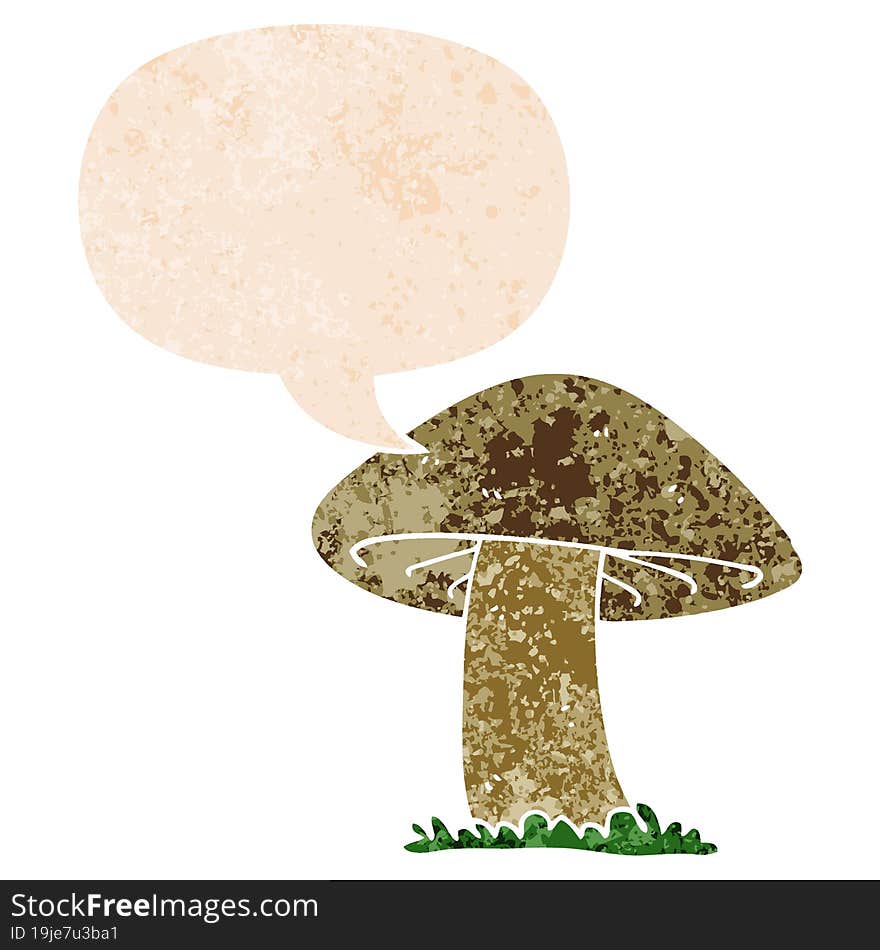 cartoon mushroom and speech bubble in retro textured style