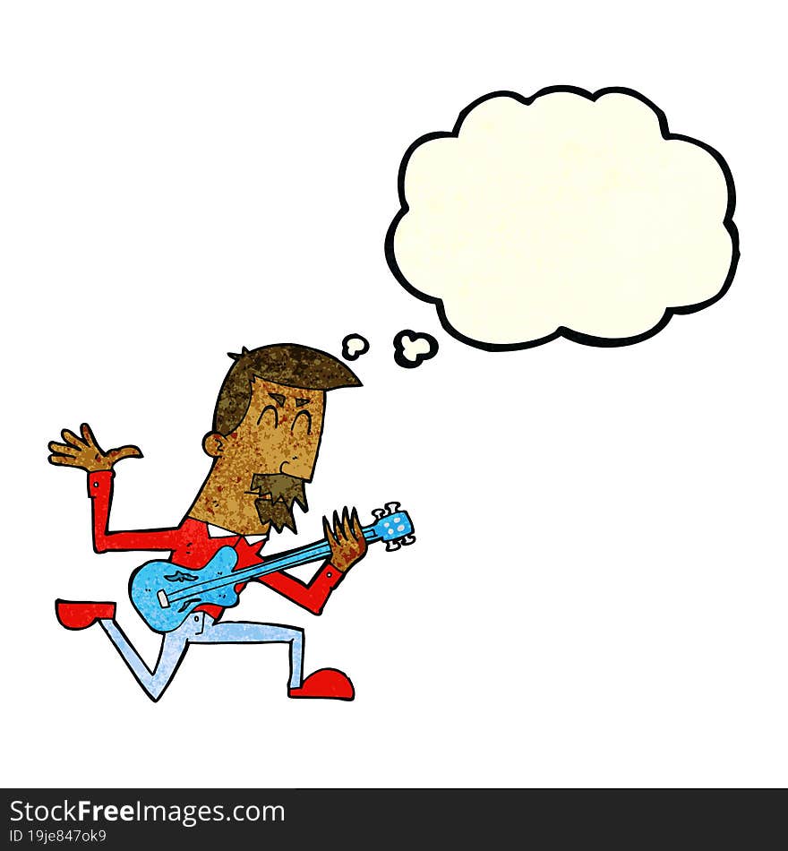 cartoon man playing electric guitar with thought bubble