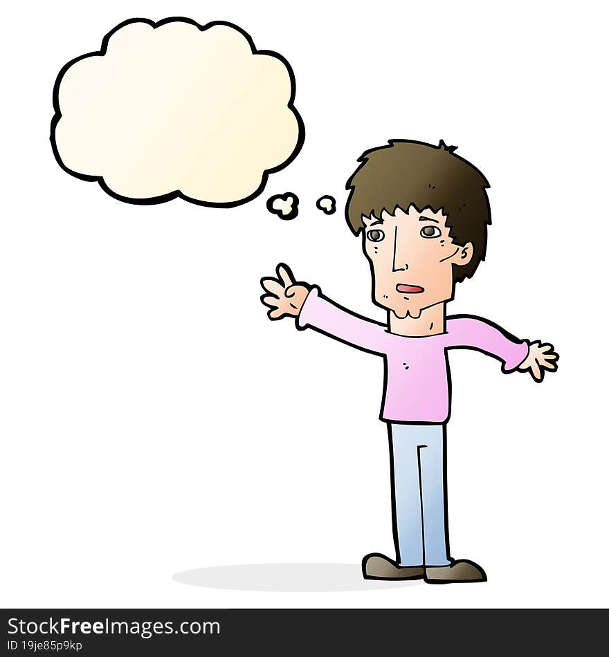 cartoon worried man reaching out with speech bubble