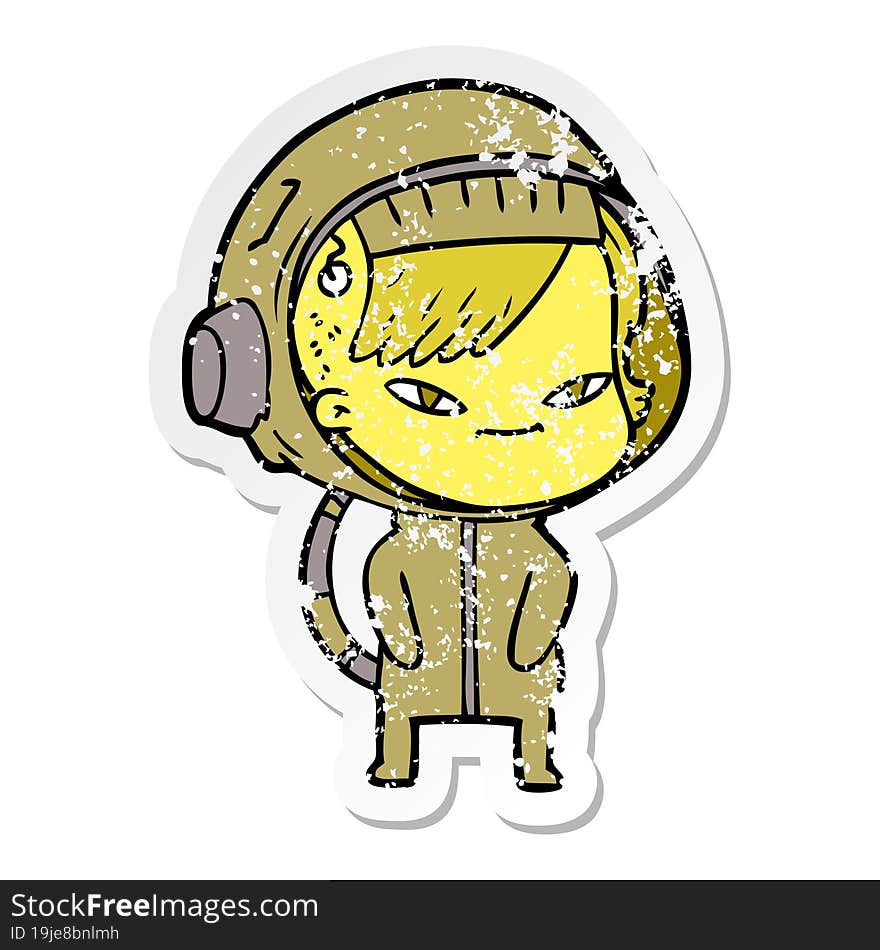 distressed sticker of a cartoon astronaut woman