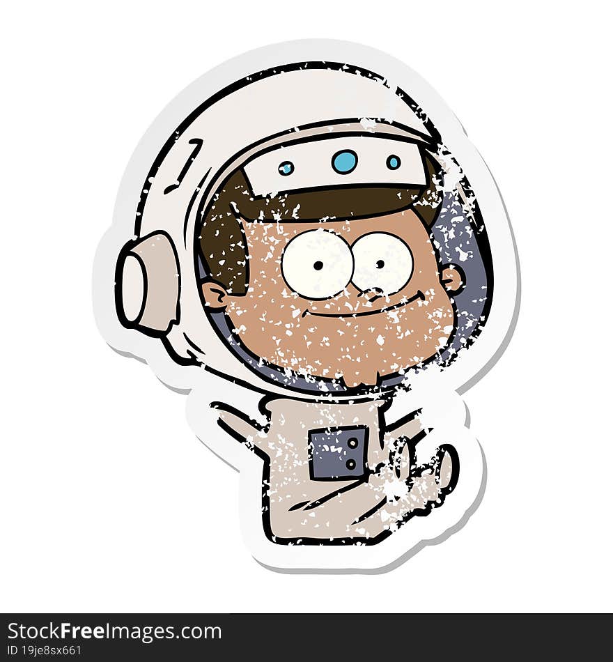 distressed sticker of a happy astronaut cartoon