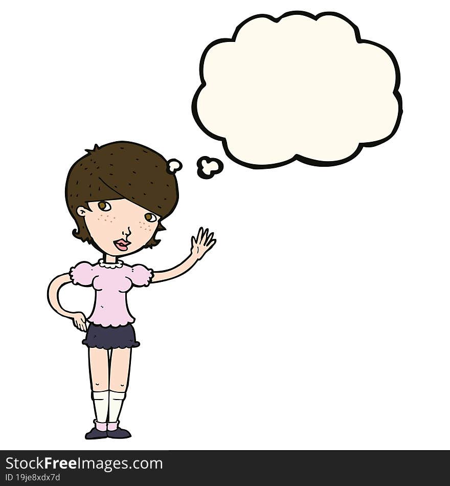 Cartoon Girl Waving With Thought Bubble