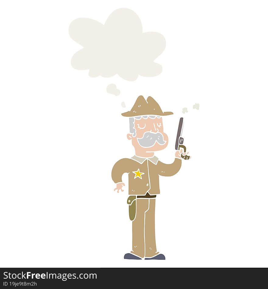 cartoon sheriff with thought bubble in retro style