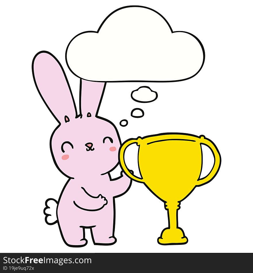 Cute Cartoon Rabbit With Sports Trophy Cup And Thought Bubble