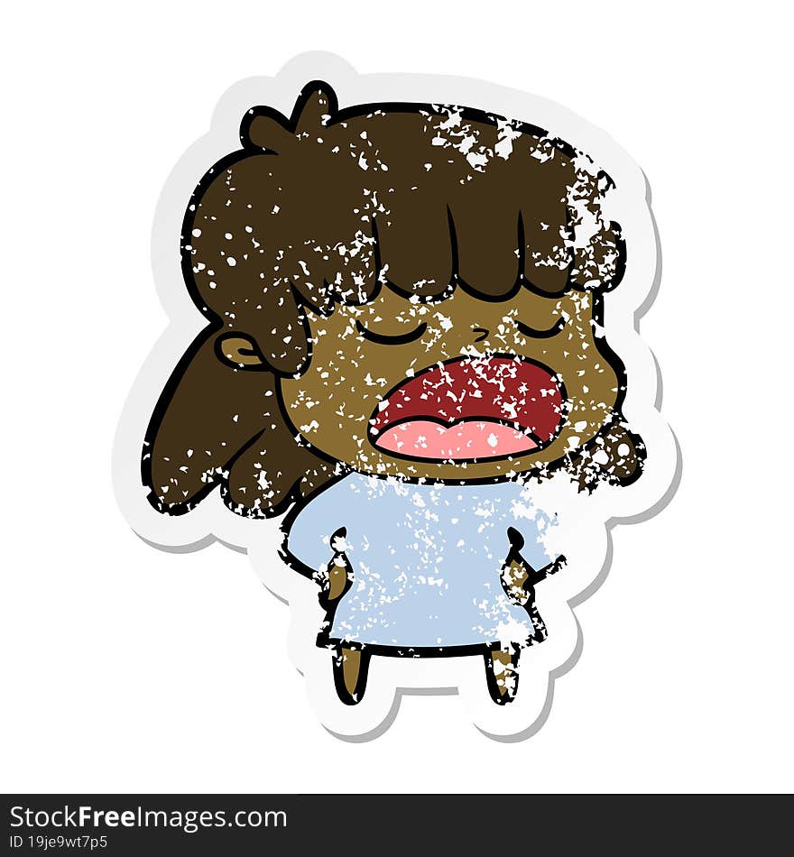 distressed sticker of a cartoon woman talking loudly